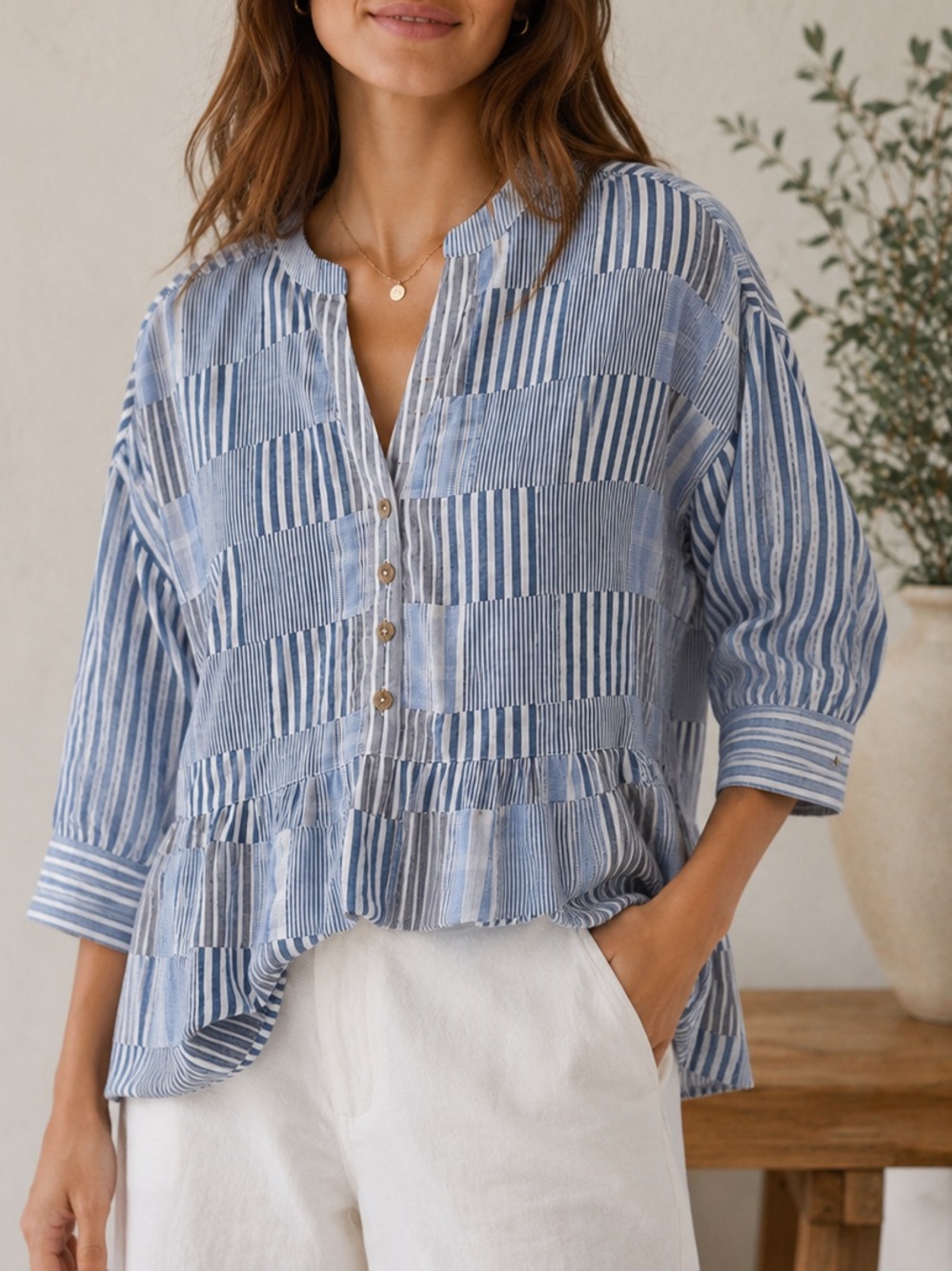 Anthropologie Blue and White Patchwork Striped Peasant Tunic